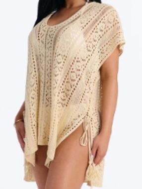 Crochet Swim Coverup Tassel Side Tunic Cream